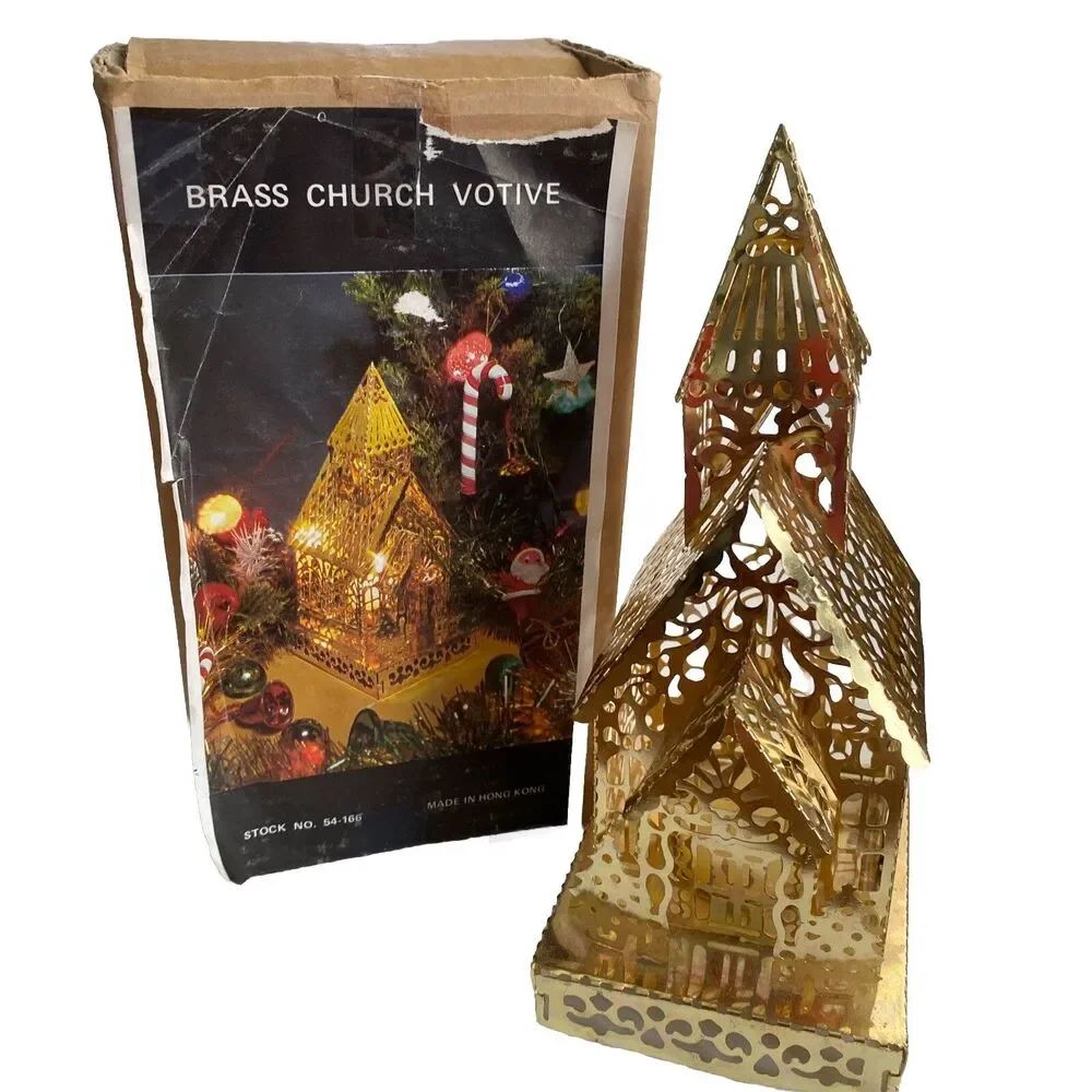 Vintage Christmas Brass Filigree Church Candle Votive Holiday 8” W Original Box